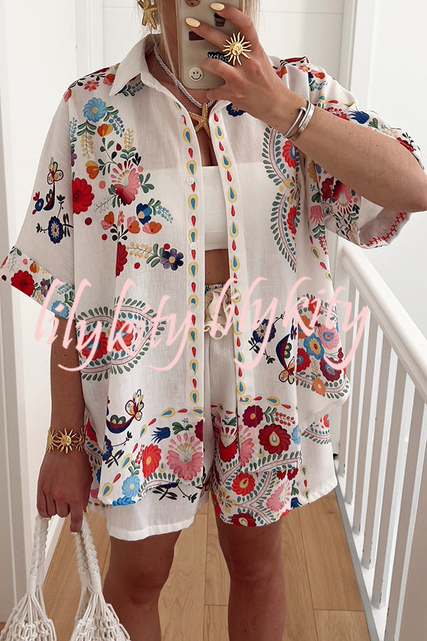 Linen Blend Floral Print Short Sleeve Loose Shirt and Elastic Waist Tie Casual Shorts Set