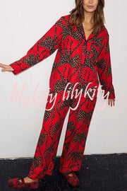 Stylish Colorblock Leopard Print Loose Shirt and Elastic Waist Pocketed Pajama Set