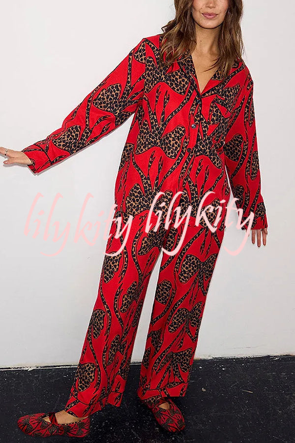 Stylish Colorblock Leopard Print Loose Shirt and Elastic Waist Pocketed Pajama Set