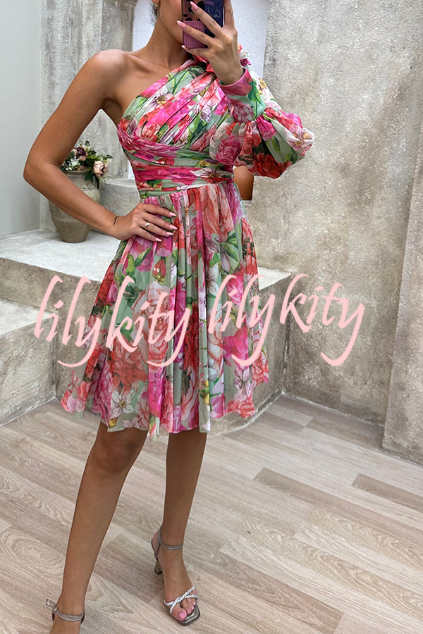 Vivid Visions Floral Print Pleated One Shoulder Sleeve Swing Mini Dress