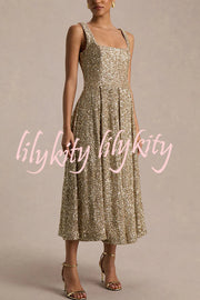 Effortless Sparkle Sequin Square Neck Wide Strap A-Line Midi Dress
