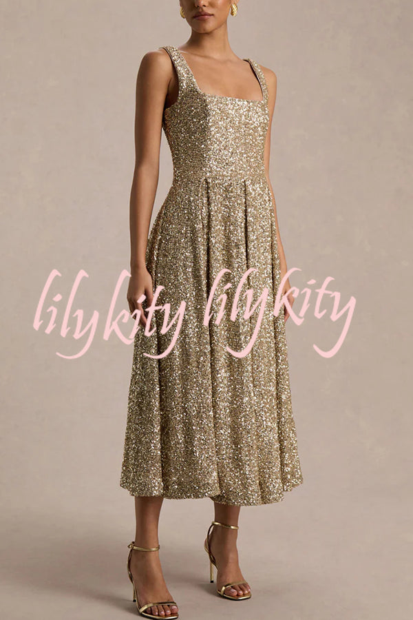 Effortless Sparkle Sequin Square Neck Wide Strap A-Line Midi Dress