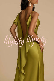 Evening Date Satin Cowl Neck Drape Ruffle Backless Bias Cut Party Maxi Dress