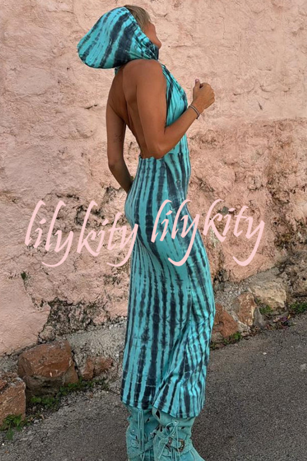 Pietra Tie Dye Print Scoop Neck Backless Hooded Stretch Maxi Dress