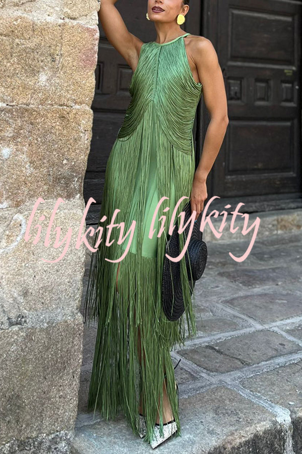 Fashion Sleeveless Halter Neck Elegant Tassel Slim Maxi Dress