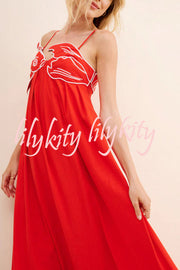 Red Fish Embroidered Sling Backless Maxi Dress