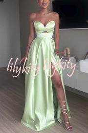 Chic Queen Satin Hollow Strapless Slim High Slit Party Maxi Dress