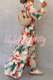 Colorful Printed V-neck Waist High Slit Ruffled Maxi Dress