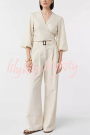 Lets Go Out Linen Blend Balloon Sleeve Wrap Tie-up Loose Top