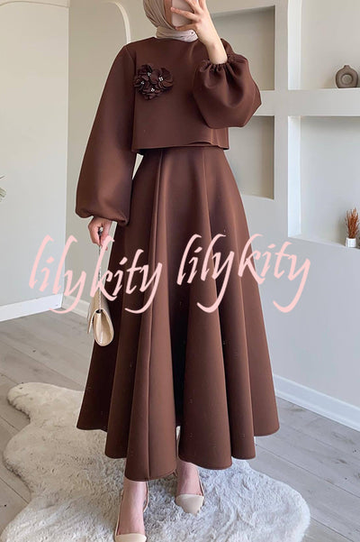Solid Color Flower-embellished Lantern Sleeve Loose Top and Casual Maxi Skirt Set