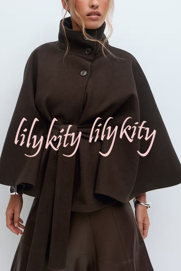 Fashionable Stand Collar Button Waist Tie Loose Cape
