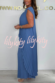 Laney Pleated Short Sleeve Irregular Midi Top and Elastic Waist Wide Leg Pants Set