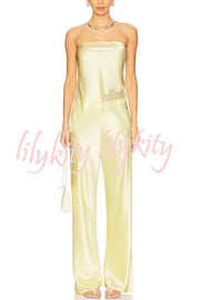 Odessa Satin Floral Lace Hem Strapless Tank and Mid Rise Wide Leg Pants Set