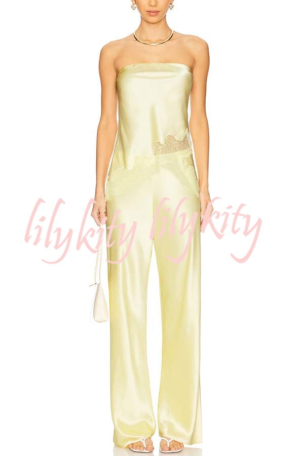Odessa Satin Floral Lace Hem Strapless Tank and Mid Rise Wide Leg Pants Set