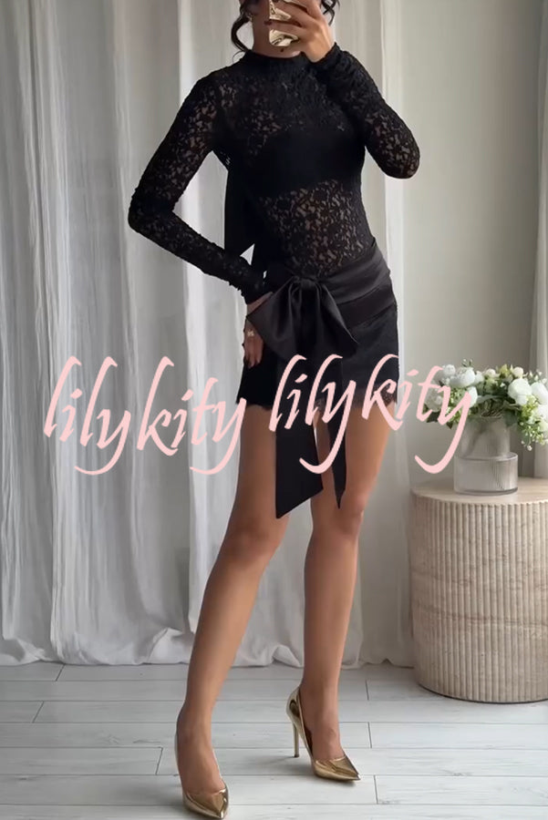 Anna Semi-sheer Lace Long Sleeve Back Bow Tie-up Cutout Stretch Bodysuit