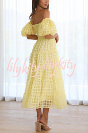 Solid Color Off-shoulder Lantern Sleeve Patchwork Midi Dress