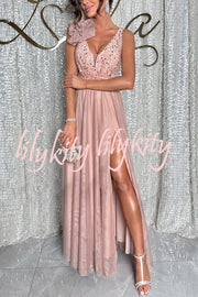 Everlasting Party Sequin Tulle Ruffles Shoulder Design Slit Maxi Dress