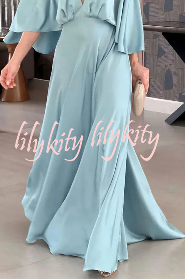 Solid Color V Neck High Waist Slit Casual Maxi Dress