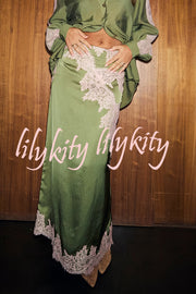 Eye-catching Work Contrast Color Satin Lace Trim Mid Rise Maxi Skirt