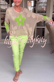 Embroidered Flower Hollow Long-sleeved Holiday Loose Knitted Top