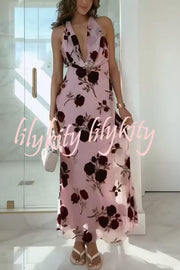 Rose Secret Printed Cowl Neck Halter Backless Maxi Dress