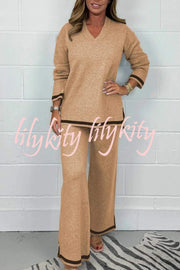 Solid Color V-neck Long-sleeved Loose Top and Elastic Waist Wide-leg Pants Set