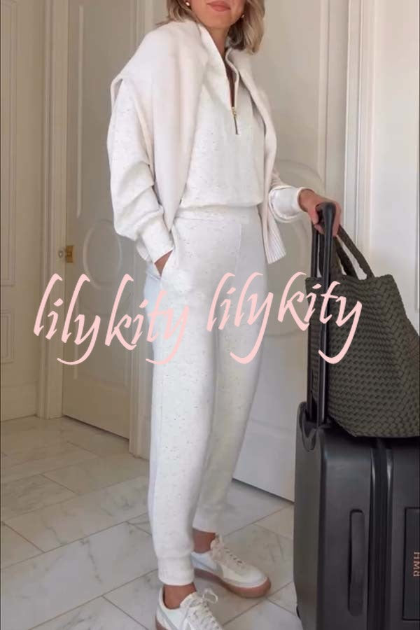 Ivory Marl Fleck Half-Zip Neck Long Sleeve Sweatshirt and Elastic Waist Pocket Jogger Set