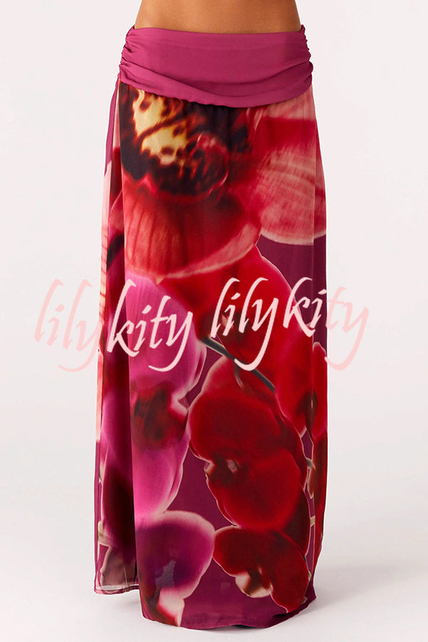 Sexy Deep V Backless Draped Camisole Top and Floral Print Chiffon Maxi Skirt Set