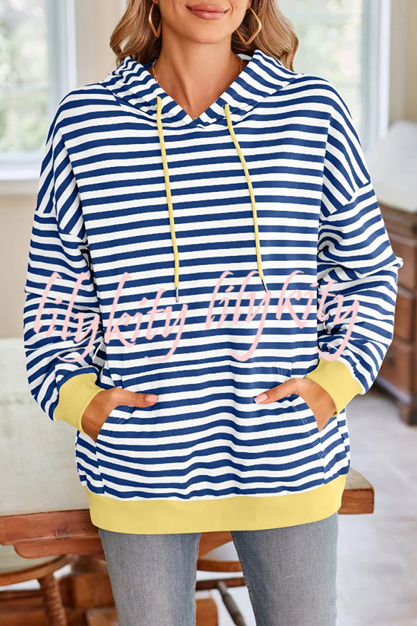 Striped Print Long Sleeve Pocket Loose Hoodie