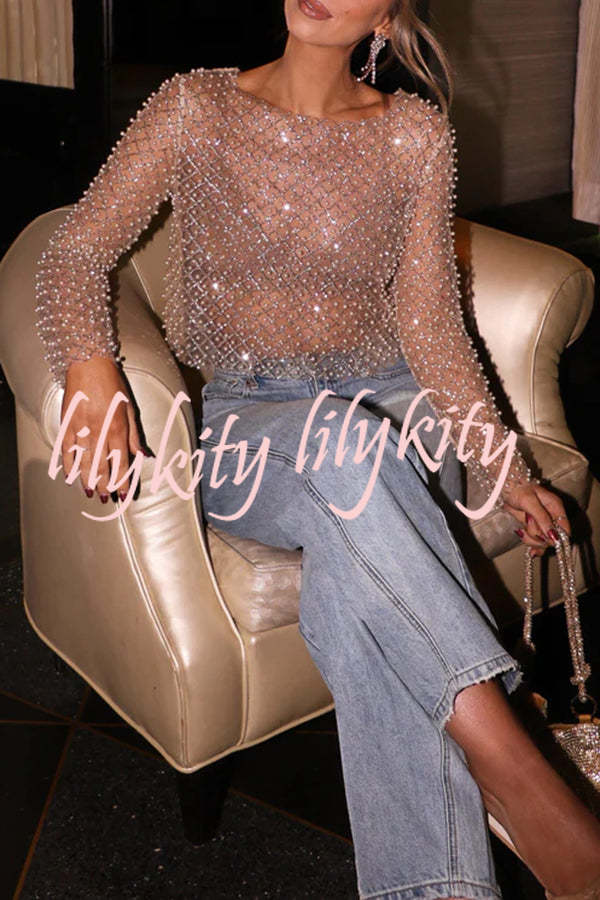 Champagne Kiss Sparkling Pearls Long Sleeve Loose Sheer Top