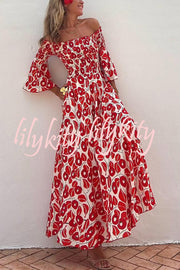 Close To The Vacation Floral Print Smocked Off Shoulder Pocketed Maxi Dress