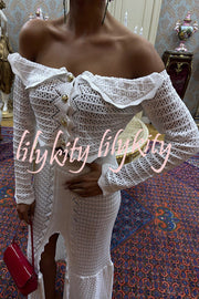 Fashion Knitted Off-the-shoulder Long-sleeved Top and Elastic Slit Maxi Skirt Set