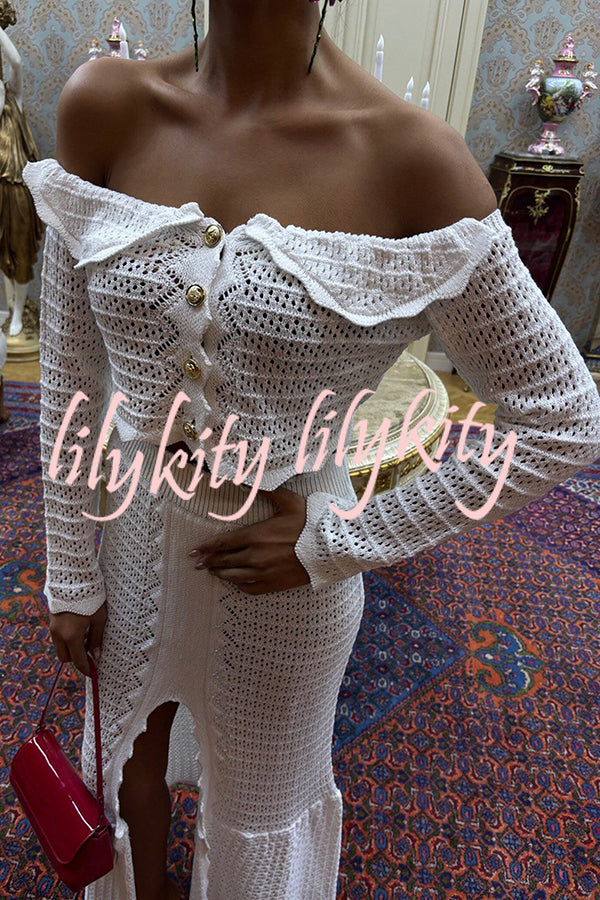Fashion Knitted Off-the-shoulder Long-sleeved Top and Elastic Slit Maxi Skirt Set