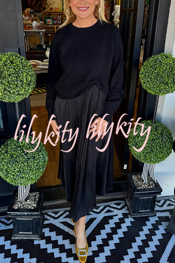 Practical Fashion Knit Ruched Sweater and Satin Stretch Tank Midi Dress Two-piece Set