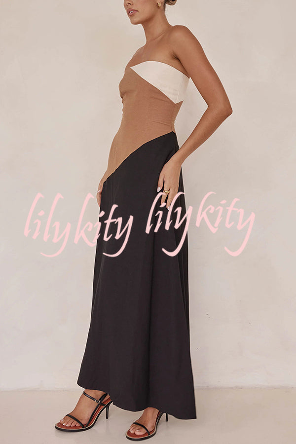 Calissa Asymmetrical Colour Block Strapless Pocketed A-line Maxi Dress