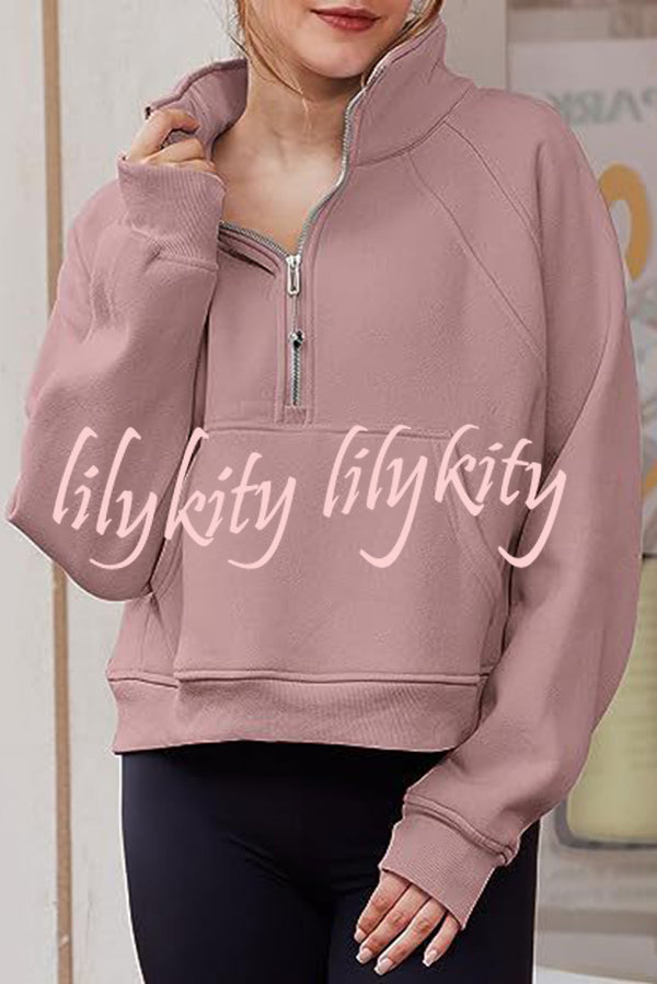 Stylish Patchwork Stand Collar Zippered Loose Pocket Sweatshirt