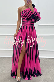 Purely Charming Printed Rose Pendant One Shoulder Pleated Slit Maxi Dress