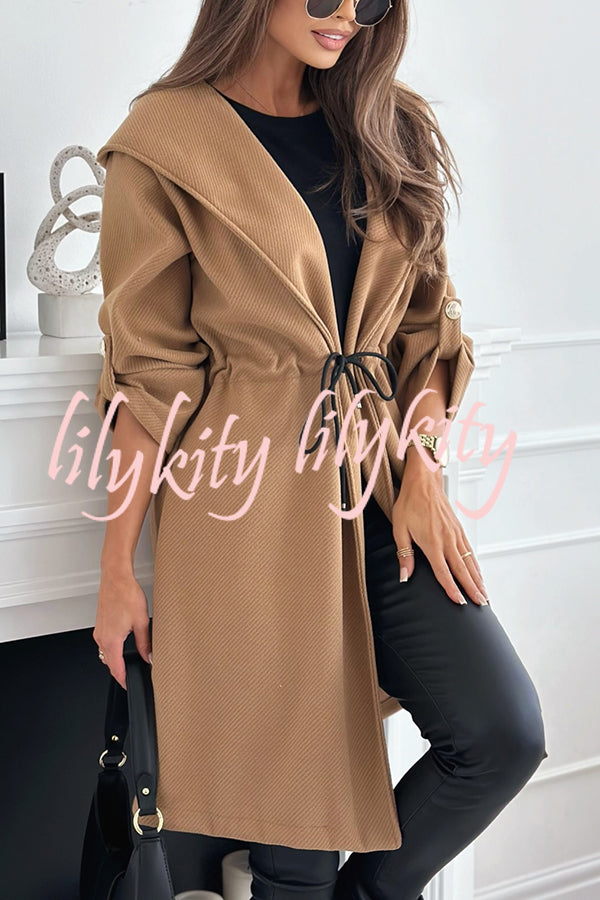 Effortless and Warm Textured Fabric Drawstring Waist Pocket Hooded Midi Coat