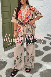 Fiji Ethnic Unique Printed Casual Shirt and Elastic Waist Wide Leg Pants Set