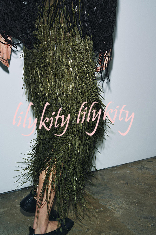 Stylish Sequined Tassel Elegant Midi Skirt