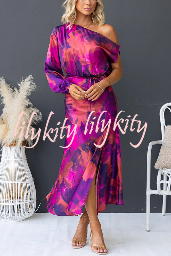 Winona Satin Floral Print One Shoulder Balloon Sleeve Tie-up Maxi Dress