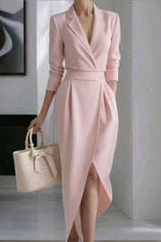 Solid Color Lapel Long Sleeve Slim Irregular Midi Dress
