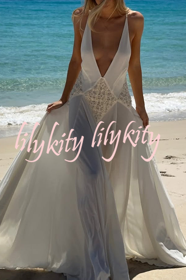 Venus By The Sea Tulle Lace Patchwork Backless Flowy Maxi Dress