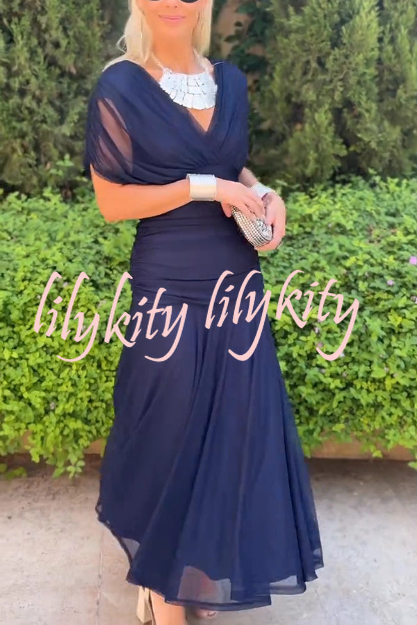 Unique Printed V-Neck Waisted Mesh Holiday Maxi Dress