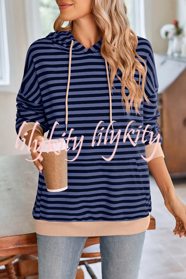 Striped Print Long Sleeve Pocket Loose Hoodie