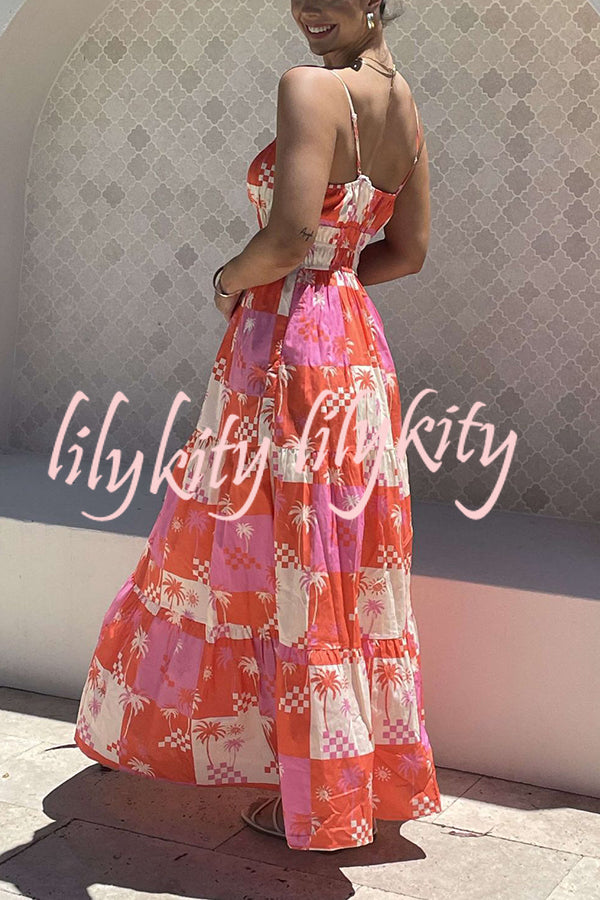 Resort Style Printed Suspender Pleated Loose Maxi Dress