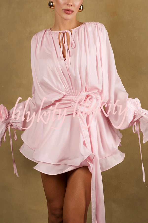 Solid Color Long Sleeve V-Neck Lace-Up Elegant Flower Decorated Mini Dress