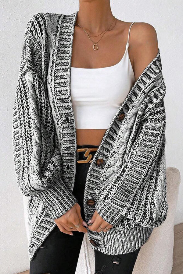 Fashionable Mixed-color Loose-fitting Lantern Sleeve Mid-length Knitted Cardigan