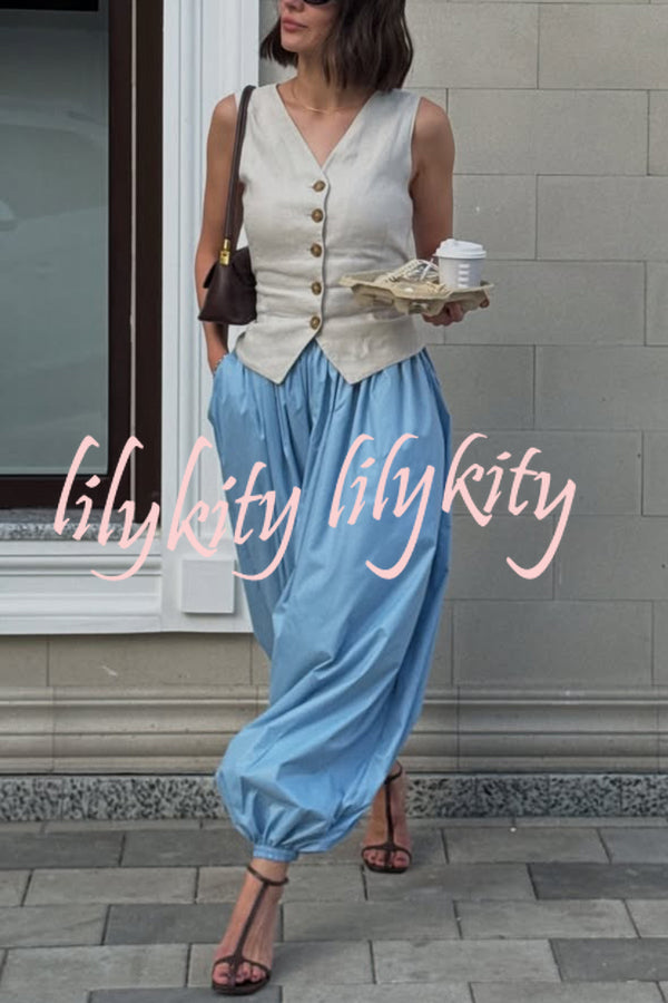Solid Color Casual Pocket Elastic Waist Lantern Wide Leg Pants