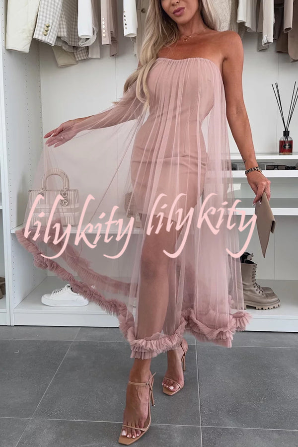 Fairytale Charm Tulle Off Shoulder Ruffles Trim A-line Midi Dress